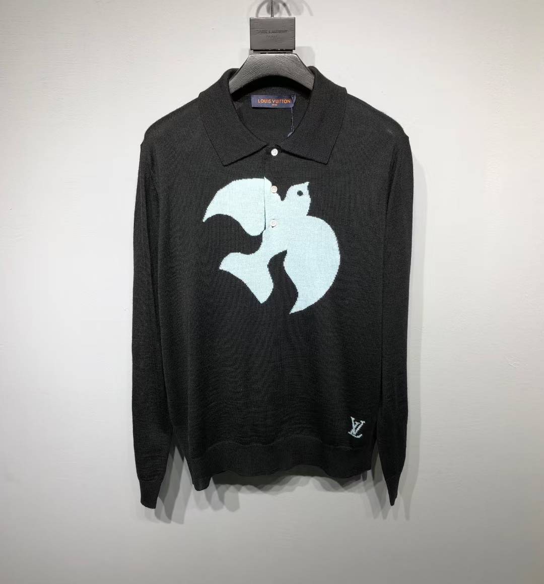 LV Peace Dove long-sleeved knit polo in black merino wool
