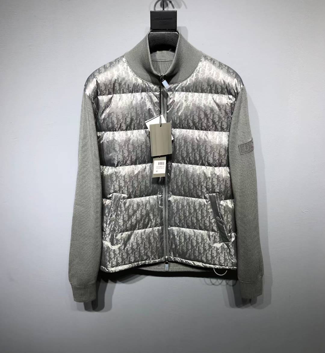 Dior Oblique Down Jacket with a tonal motif and grey knitted sleeves