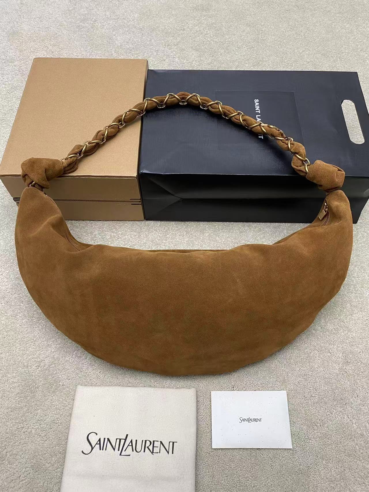 Saint Laurent Amalia hobo bag in brown suede with a gold-tone braided chain strap