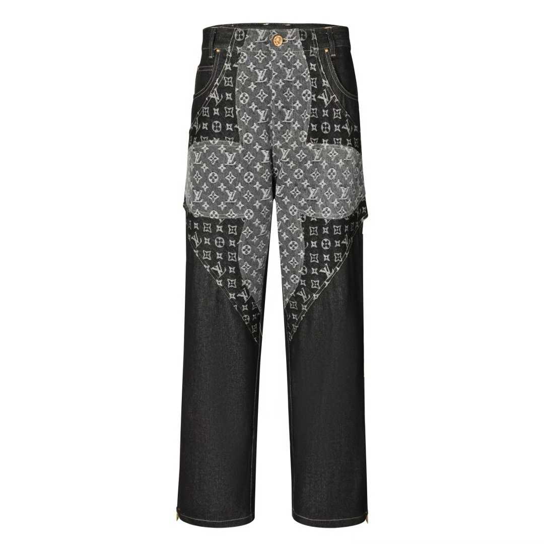 LV Monogram Flower or Monogram Patchwork denim pants in black and gray cotton