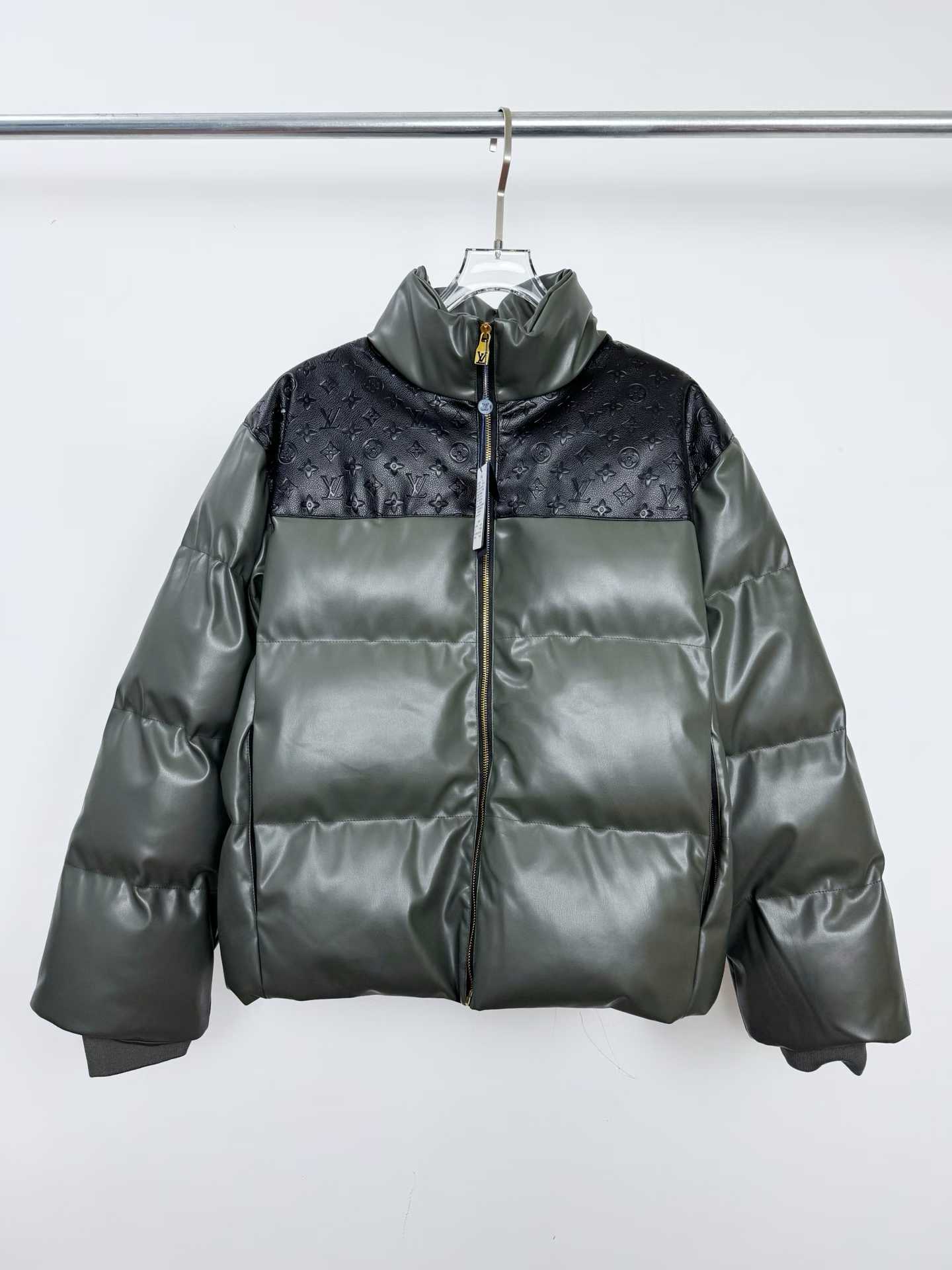 LV Leather Down Jacket in dark grey with a contrasting black grained leather yoke featuring a debossed Monogram motif