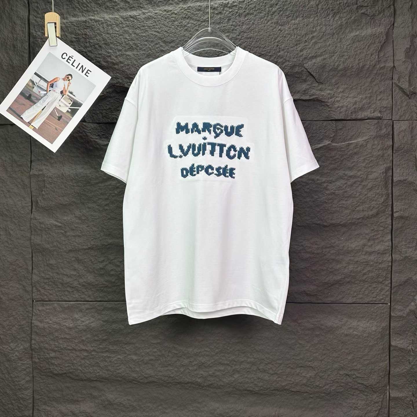 LV Embroidered Signature T-Shirt in white organic cotton with pale blue embroidered "Marque L. Vuitton Déposée" lettering