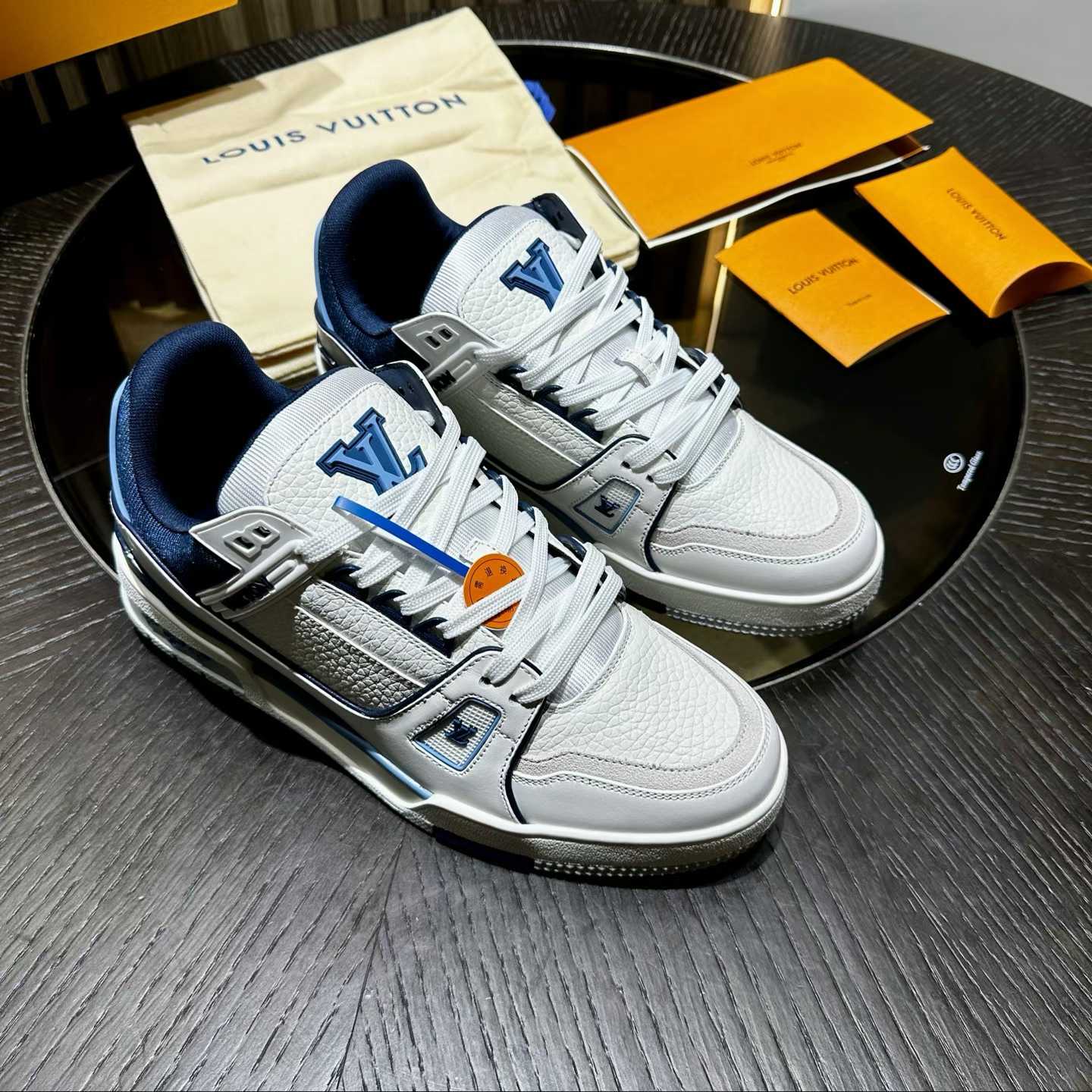 LV Trainer sneakers in white grained calf leather blue