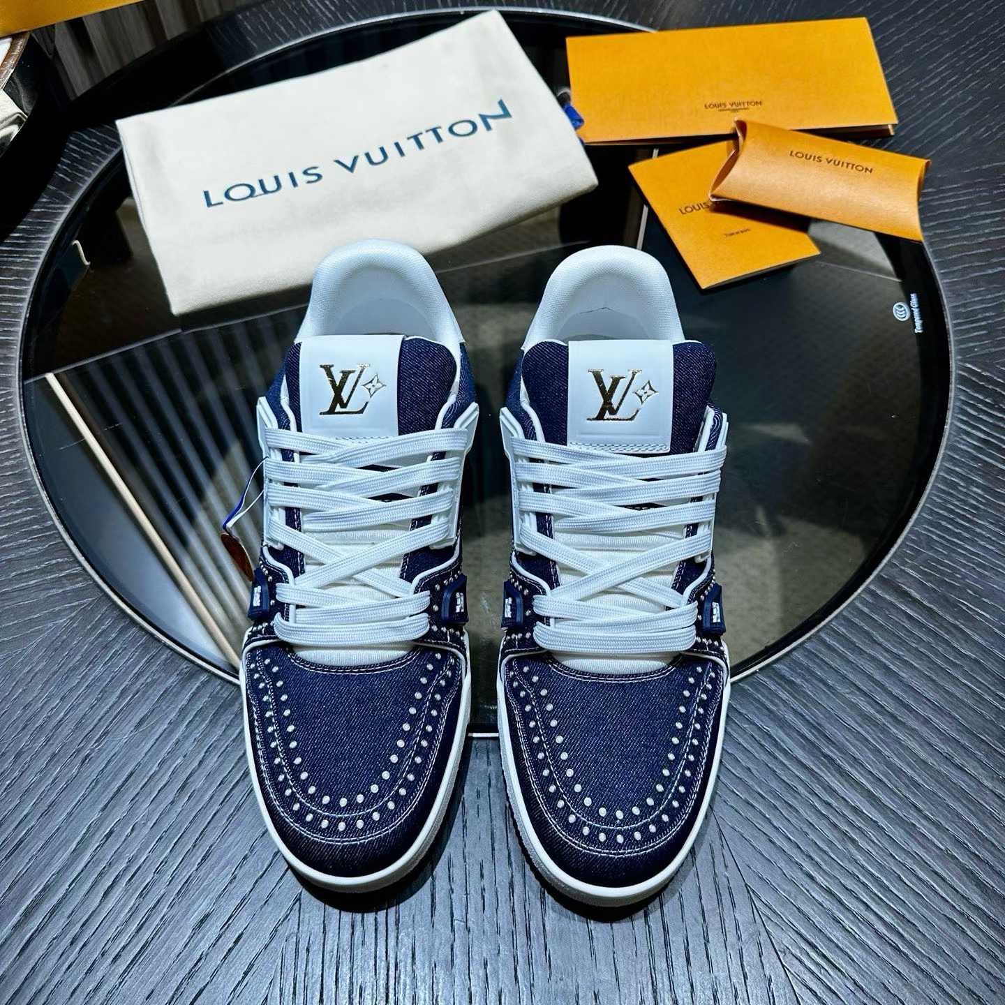 LV Trainer sneakers blue denim Swarovski™ pearls