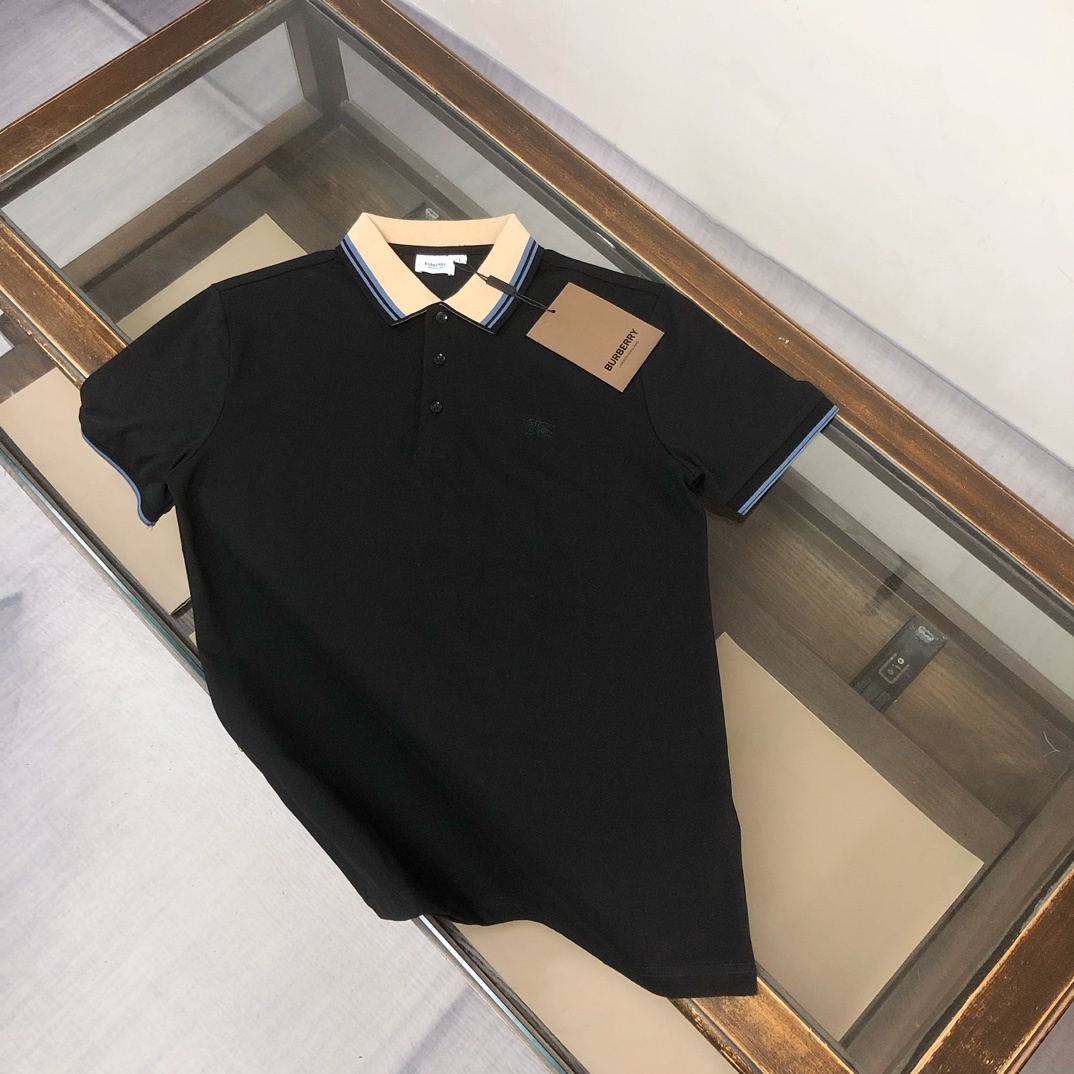 Burberry Check Collar Cotton Polo Shirt black