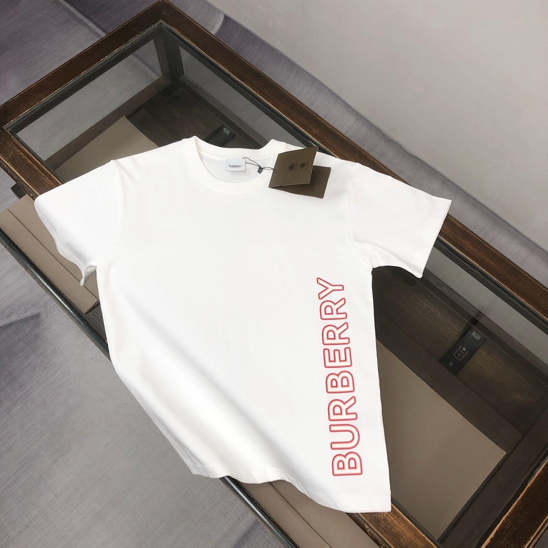 Burberry Logo Print Cotton T-shirt with the logo printed vertically in red