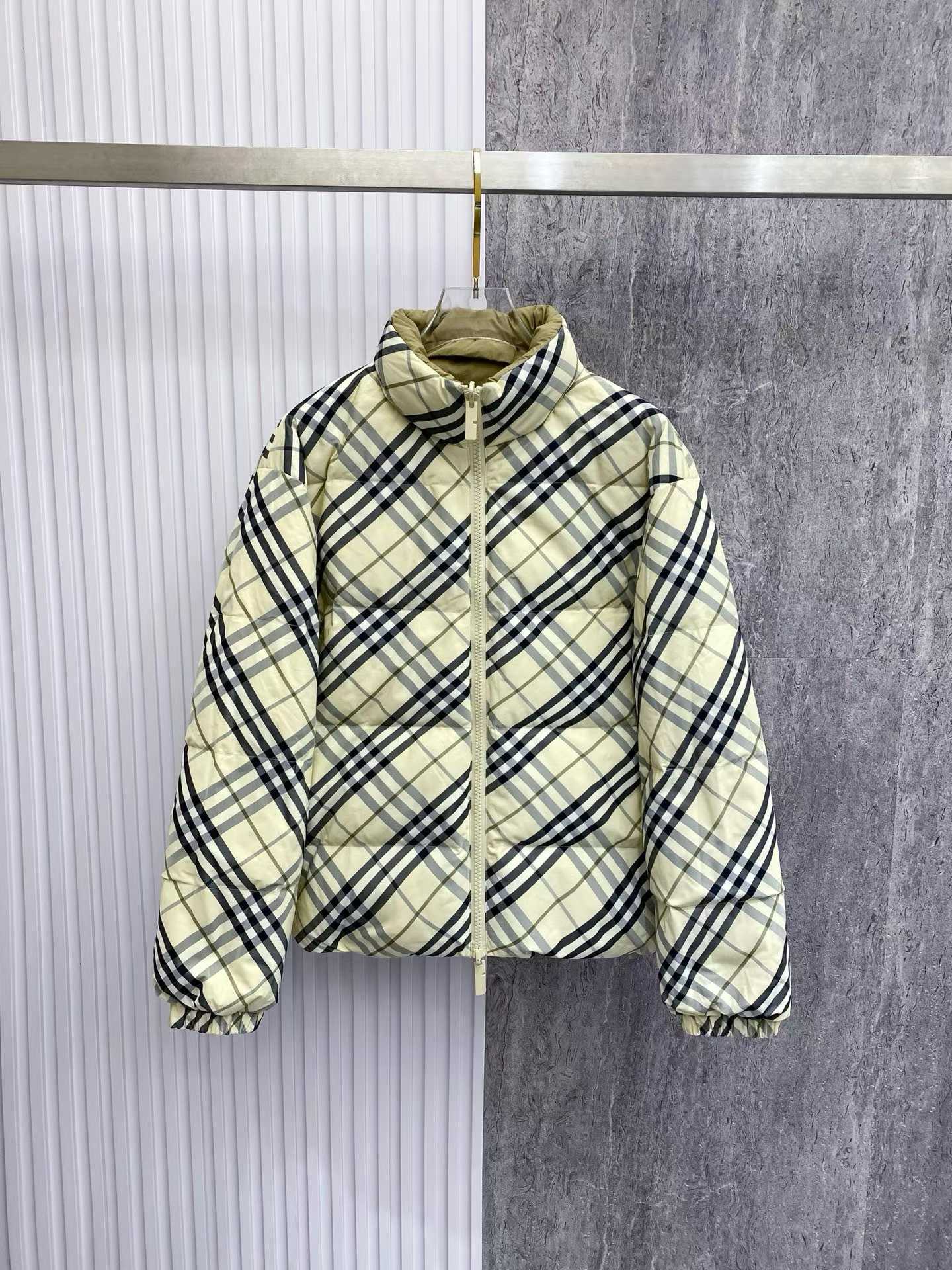 Burberry Reversible Check Nylon Puffer Jacket in the color sand/beige