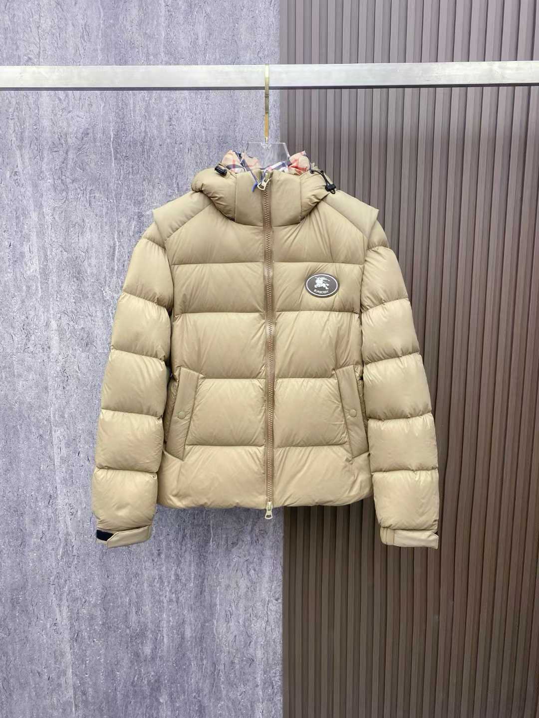 Burberry Check Hooded Puffer Jacket in sand beige, filled with goose down and feathers