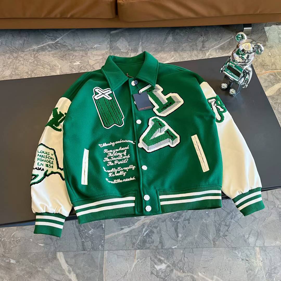 LV green varsity jacket made from a mix of wool and calfskin leather