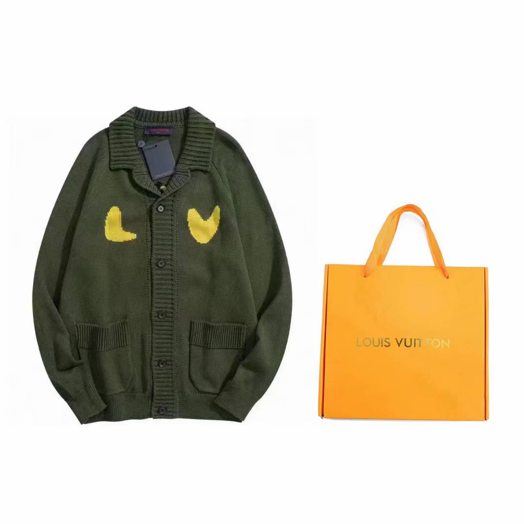 LV x Nigo Sophisticated Tiger Cardigan in dark khaki green wool