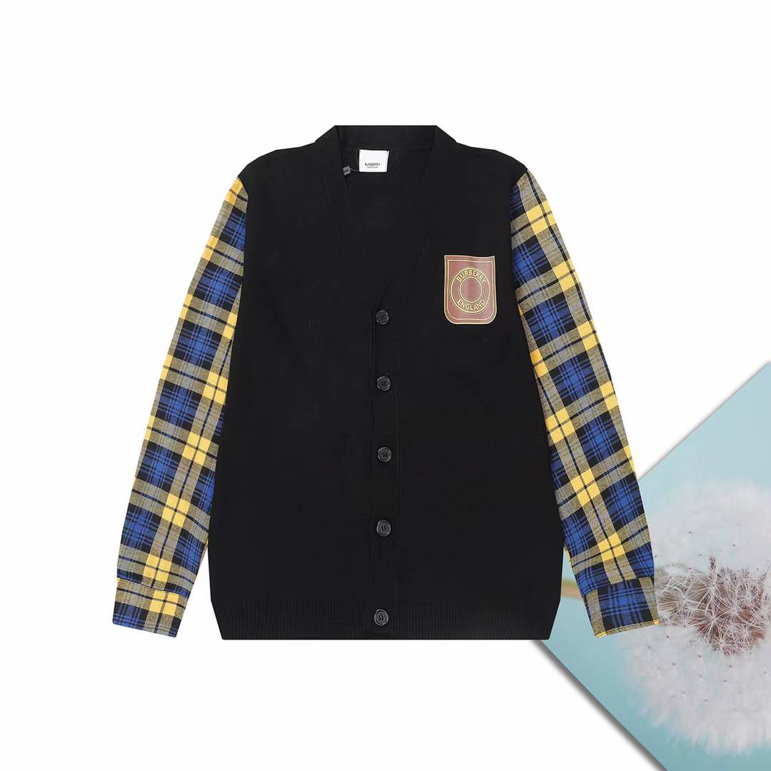 burberry black cardigan with yellow and blue plaid sleeves