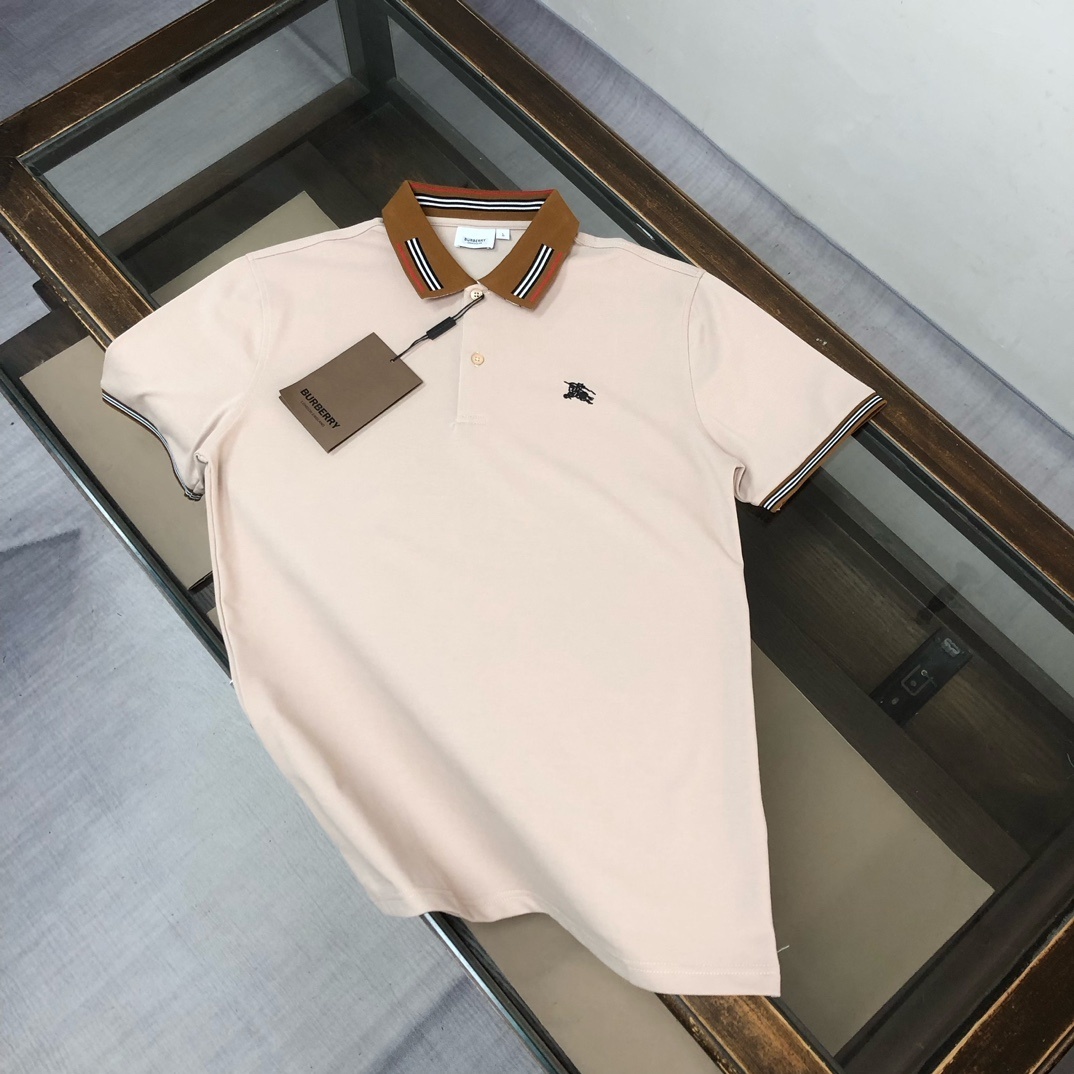 Burberry Check Collar Cotton Polo Shirt in a light beige