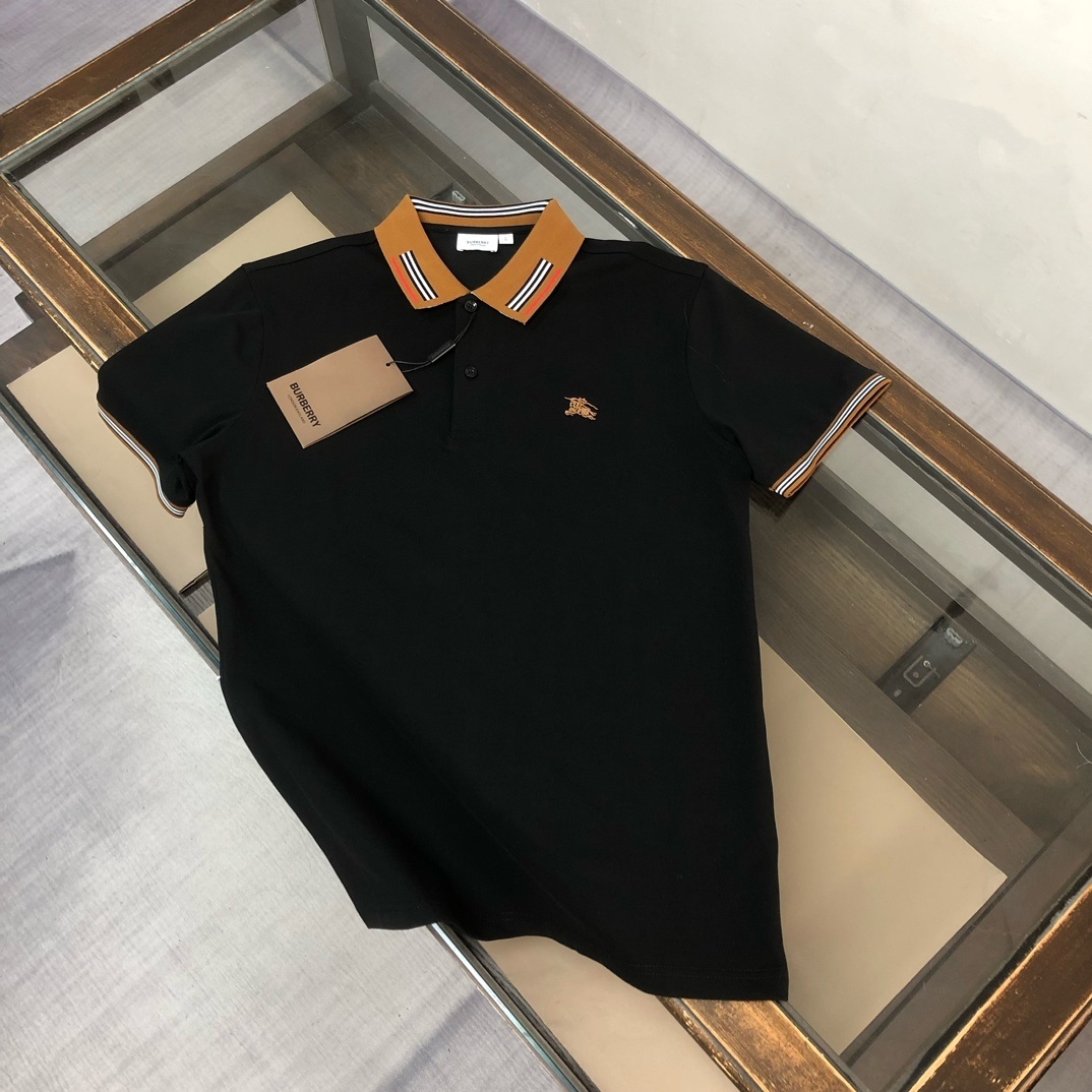 Burberry Check Collar Cotton Polo Shirt in black