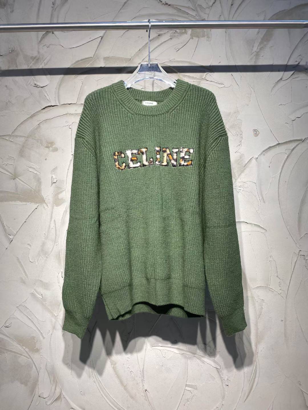 Celine oversized leopard logo crewneck sweater in green wool