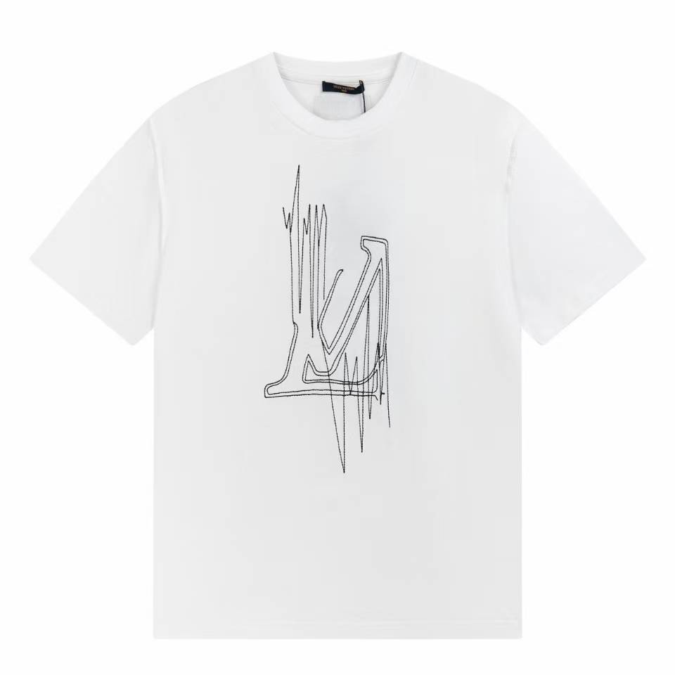 LV White Logo Pendant Printed Cotton Round-Neck Short-Sleeve T-Shirt