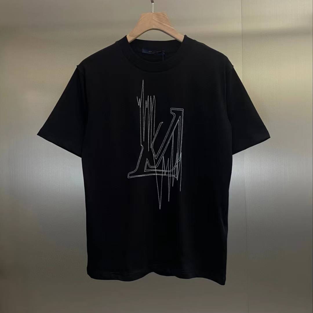 LV black cotton t-shirt with an embroidered frequency graphic logo