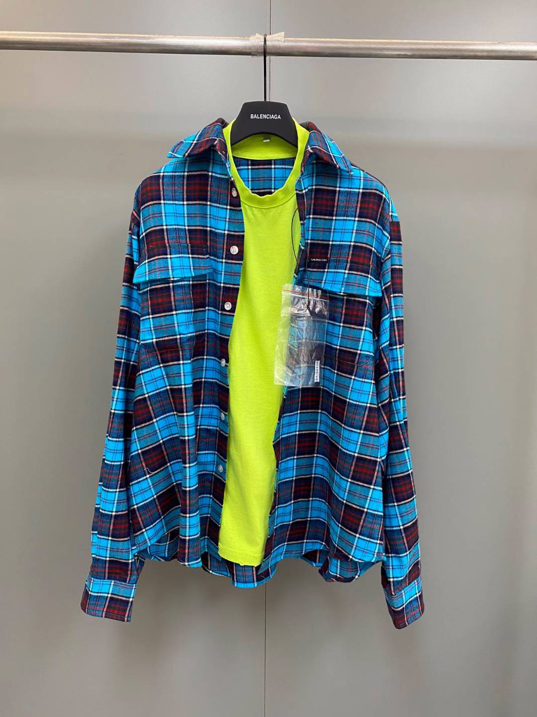 Balenciaga Oversized Layered Checked Cotton-Flannel and Printed Jersey Shirt in blue and red plaid