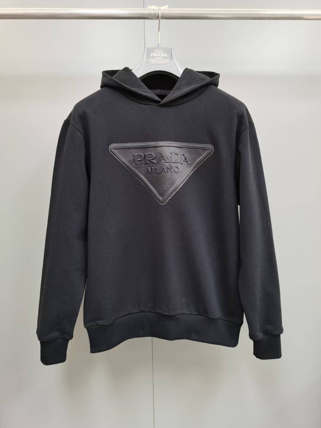 Prada Logo Leather Patch Hoodie in black