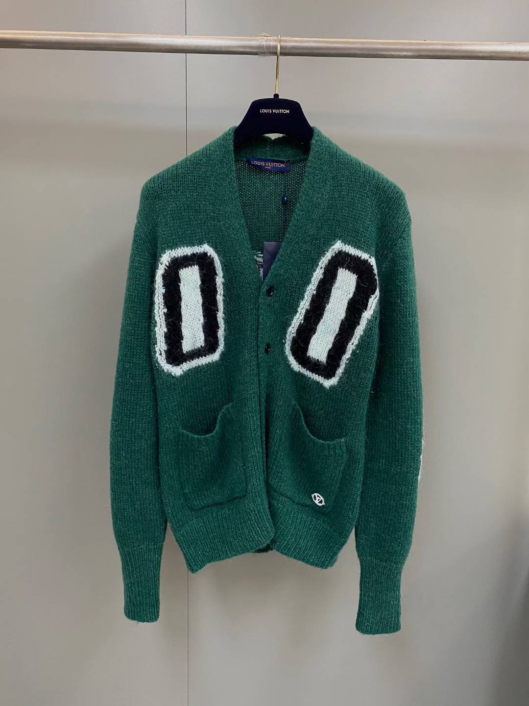 LV Graphic Mohair Long Cardigan in green.