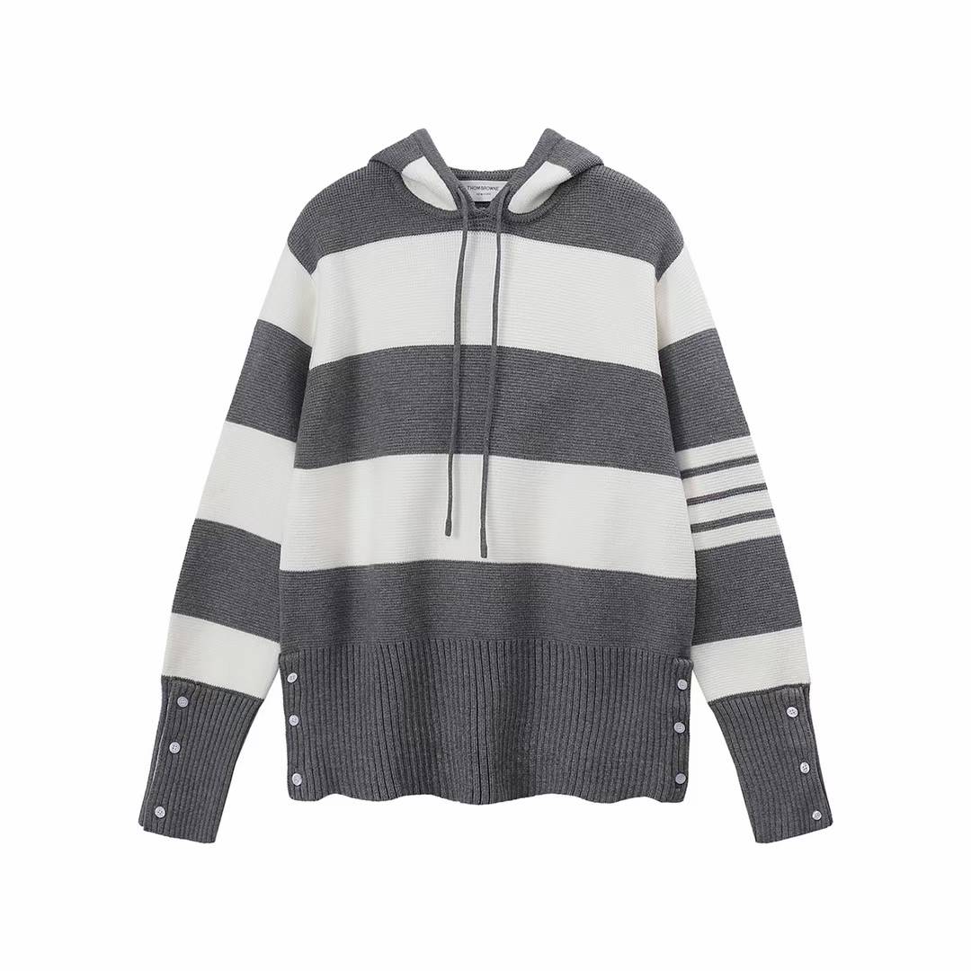 Thom Browne grey striped cashmere knitted hoodie