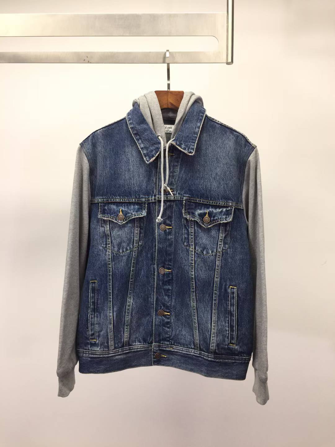 Celine regular fit denim jacket with a contrast jersey hood and sleeves