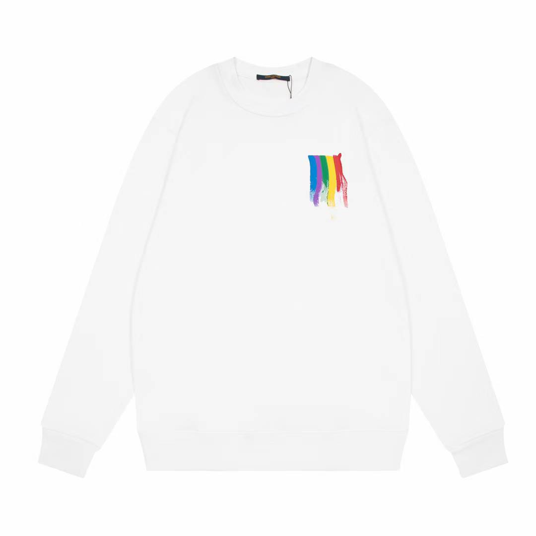 LV white crewneck sweatshirt with a colorful paint drip logo