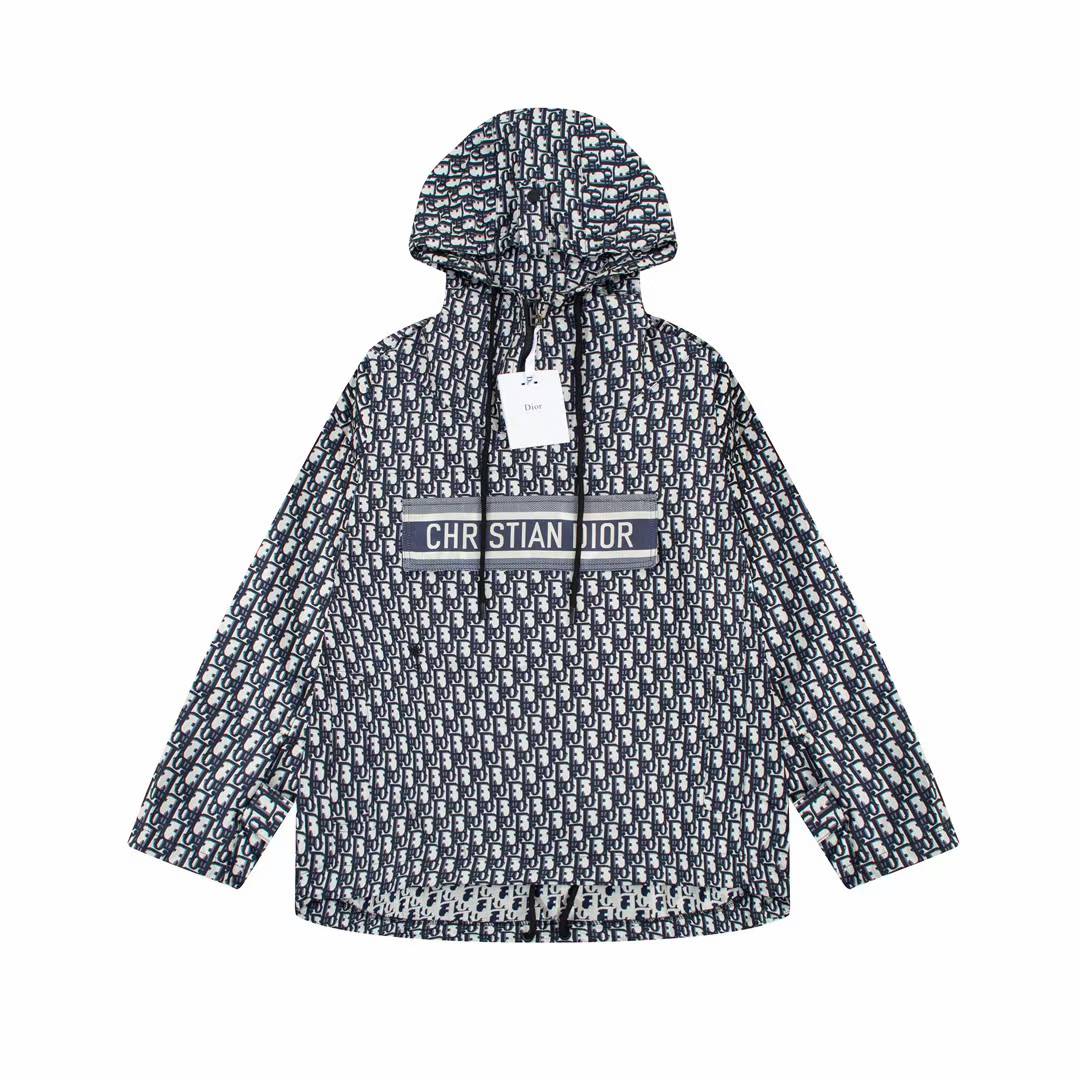 Christian Dior hoodie anorak in blue and ecru technical jacquard taffeta with the Dior Oblique motif