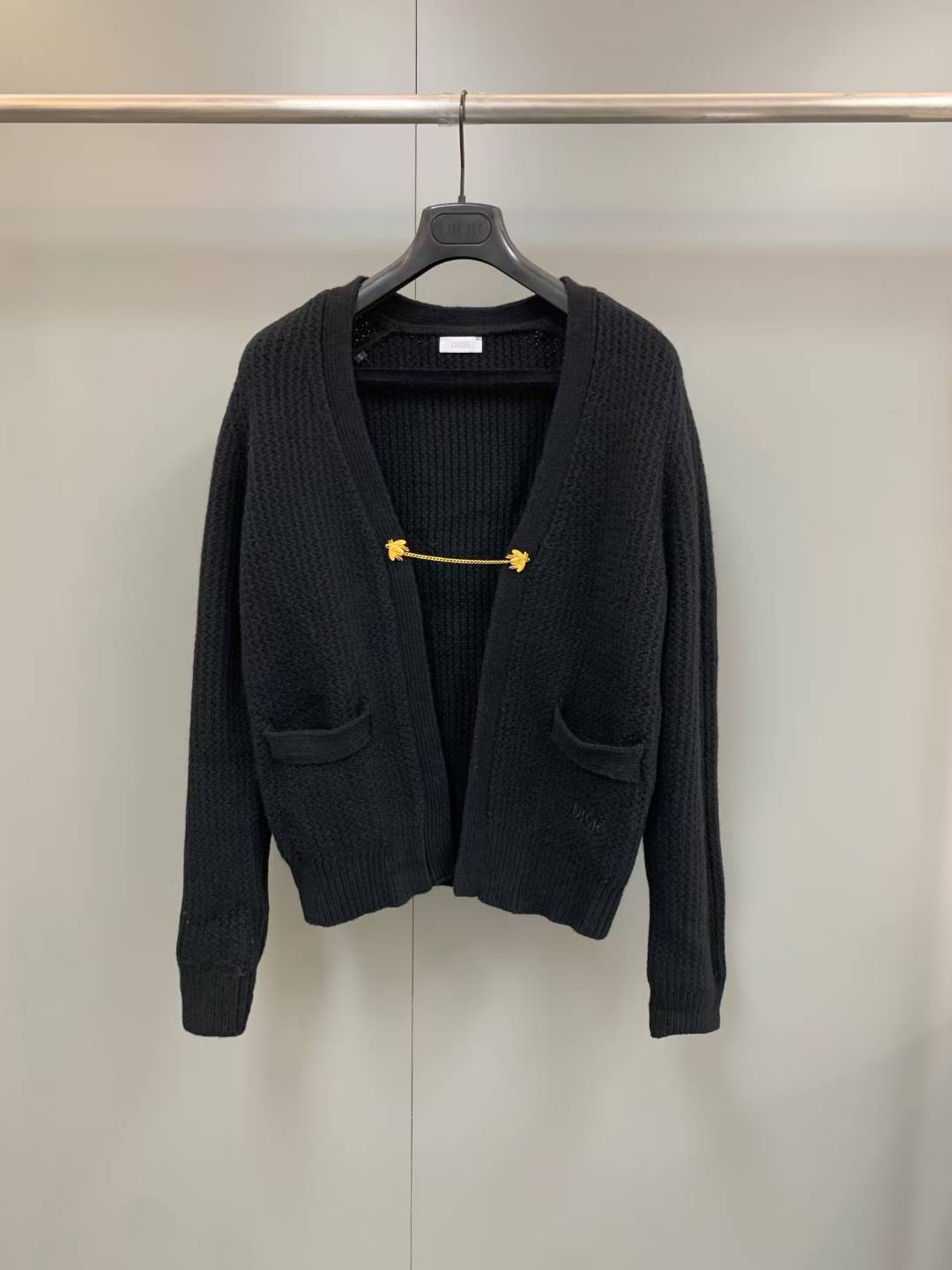 Dior Men's 2022 Bee Accent Cardigan in black wool and alpaca knit.