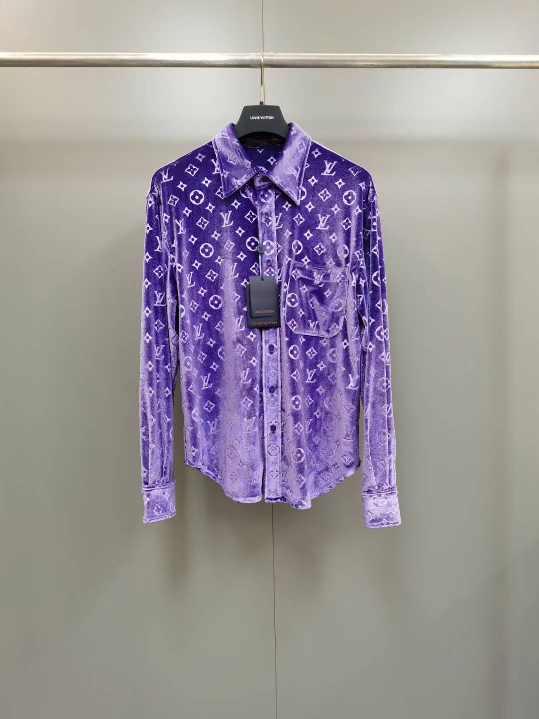 LV purple velvet shirt featuring an all-over embossed Monogram motif.