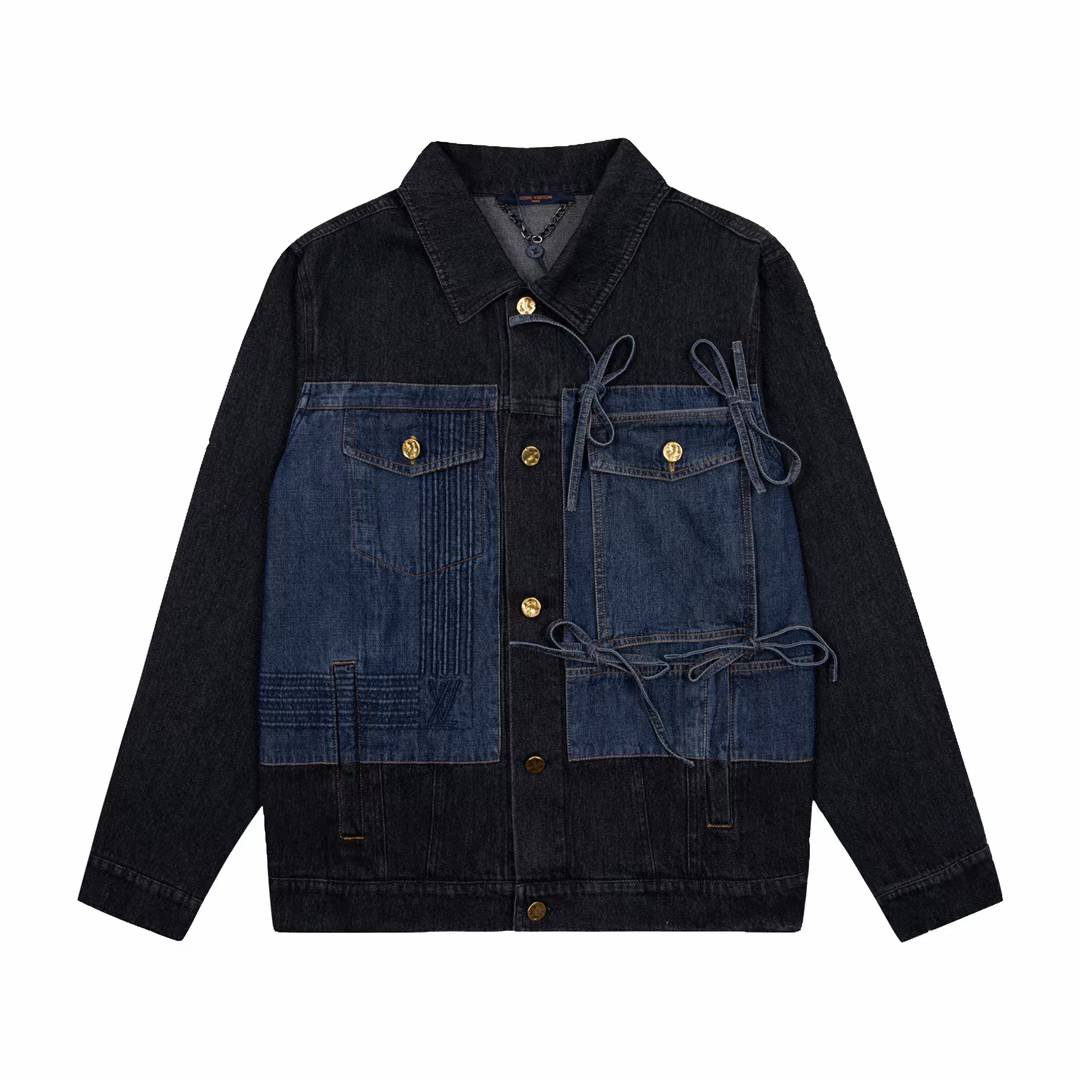 LV denim jacket with bow details. It features a black and blue two-tone design with gold-toned buttons and a pointed colla