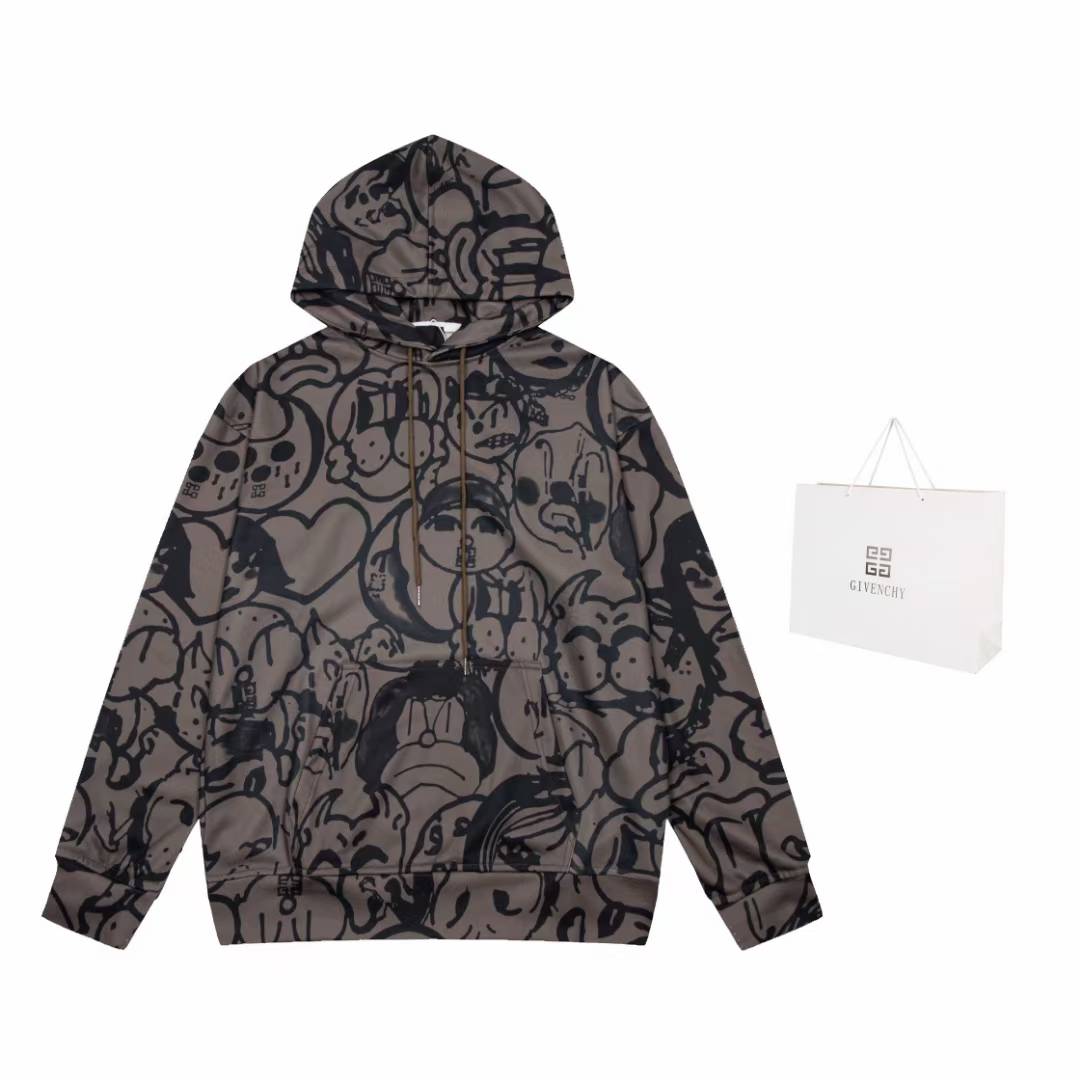 Givenchy Chito Bandana Printed Hoodie, also known as the All-Over Family Oversized Hoodie, in khaki or grey cotton-jersey with black airbrushed motifs.