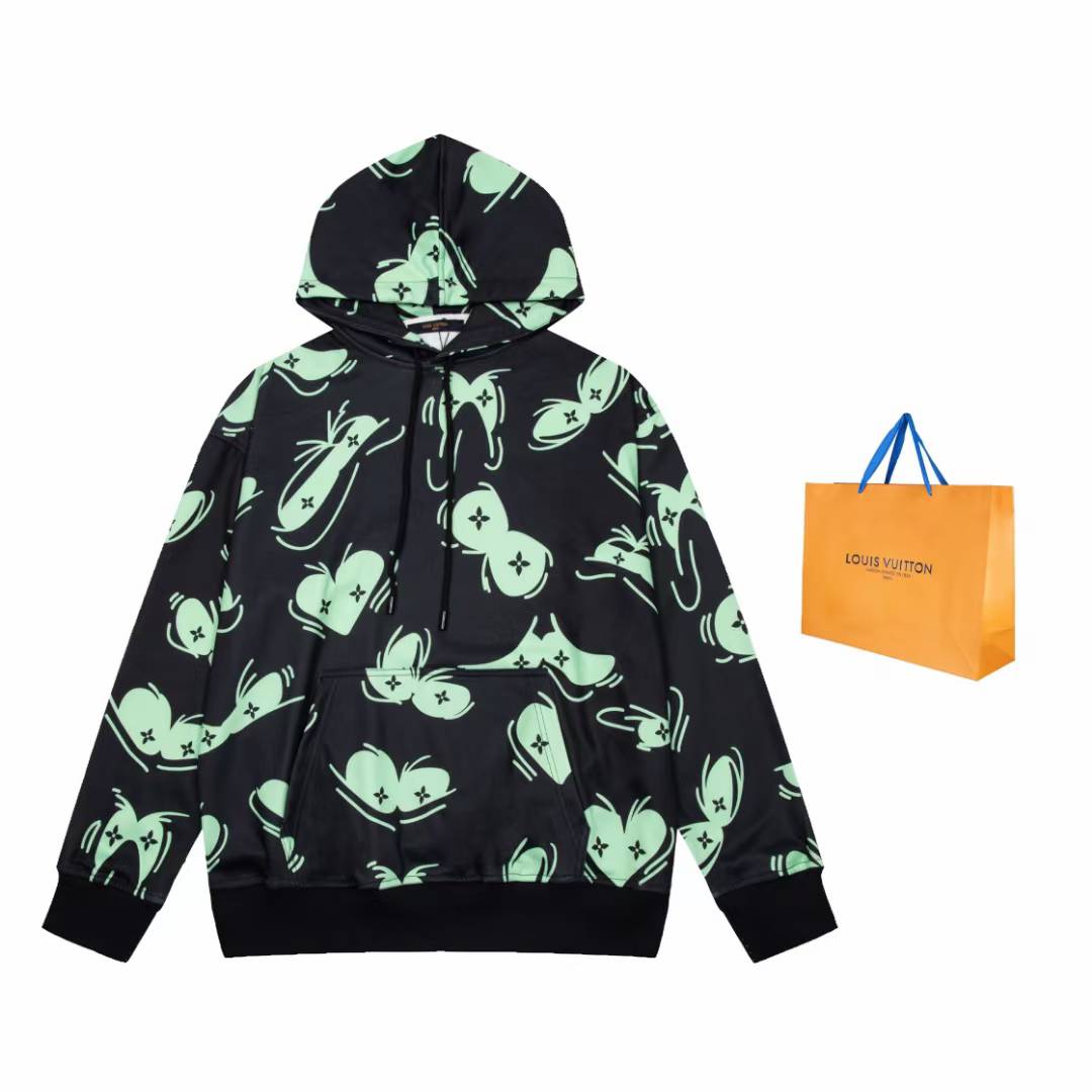 LV Eyes Graphic Jacquard Hoodie in black with a green all-over print pattern.