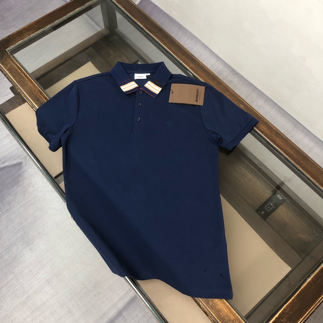 Burberry Check Collar Cotton Polo Shirt in smoked navy