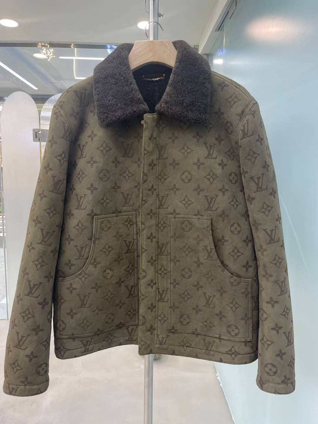 LV Monogram Shearling Blouson in green merinos suede.