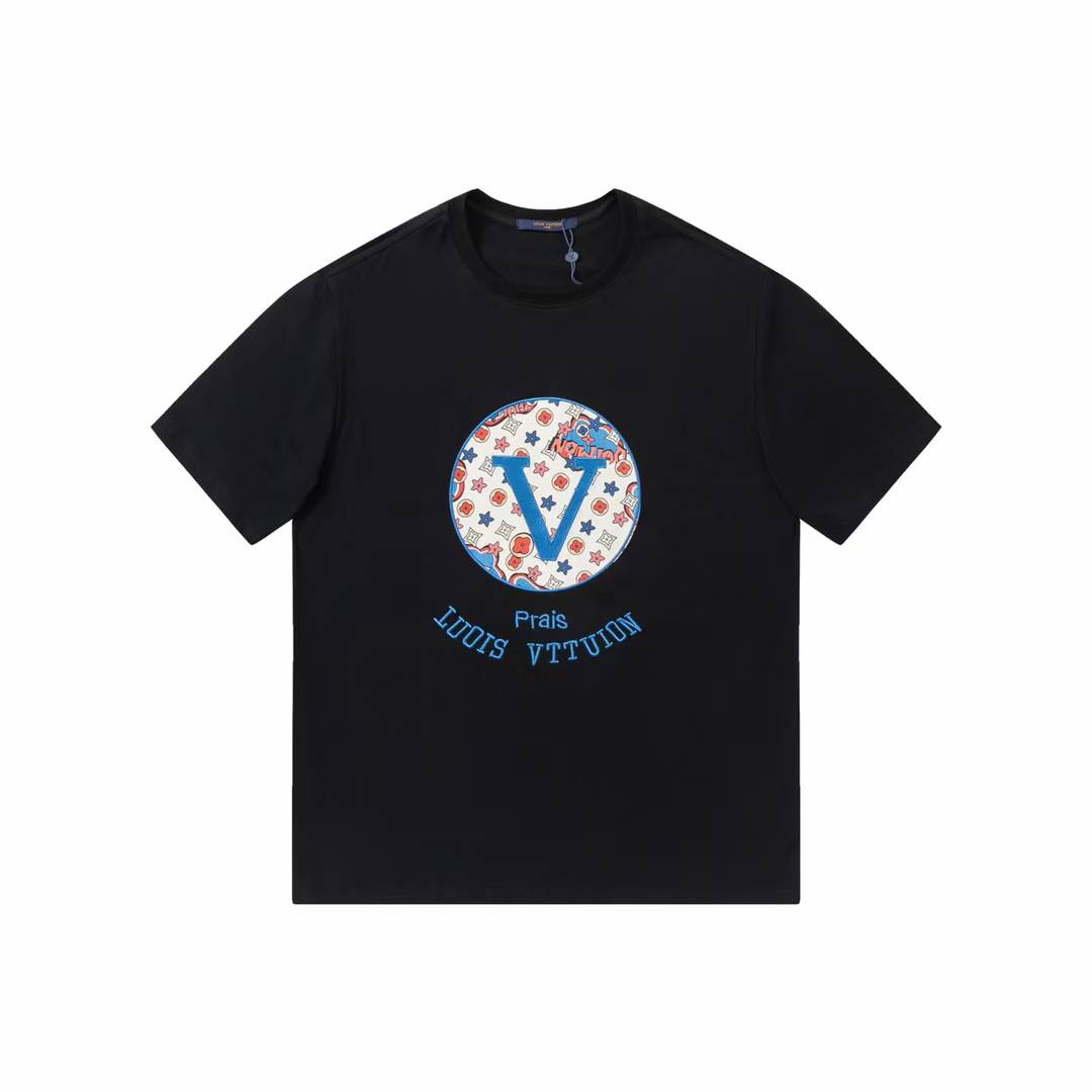 LV Flocked LV T-Shirt in black cotton jersey.
