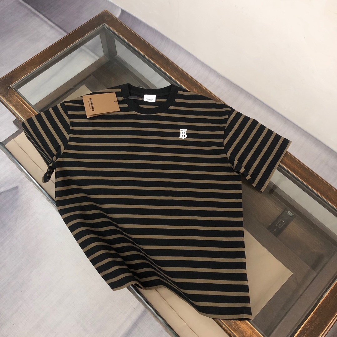 Burberry black and gold striped t-shirt with a white logo