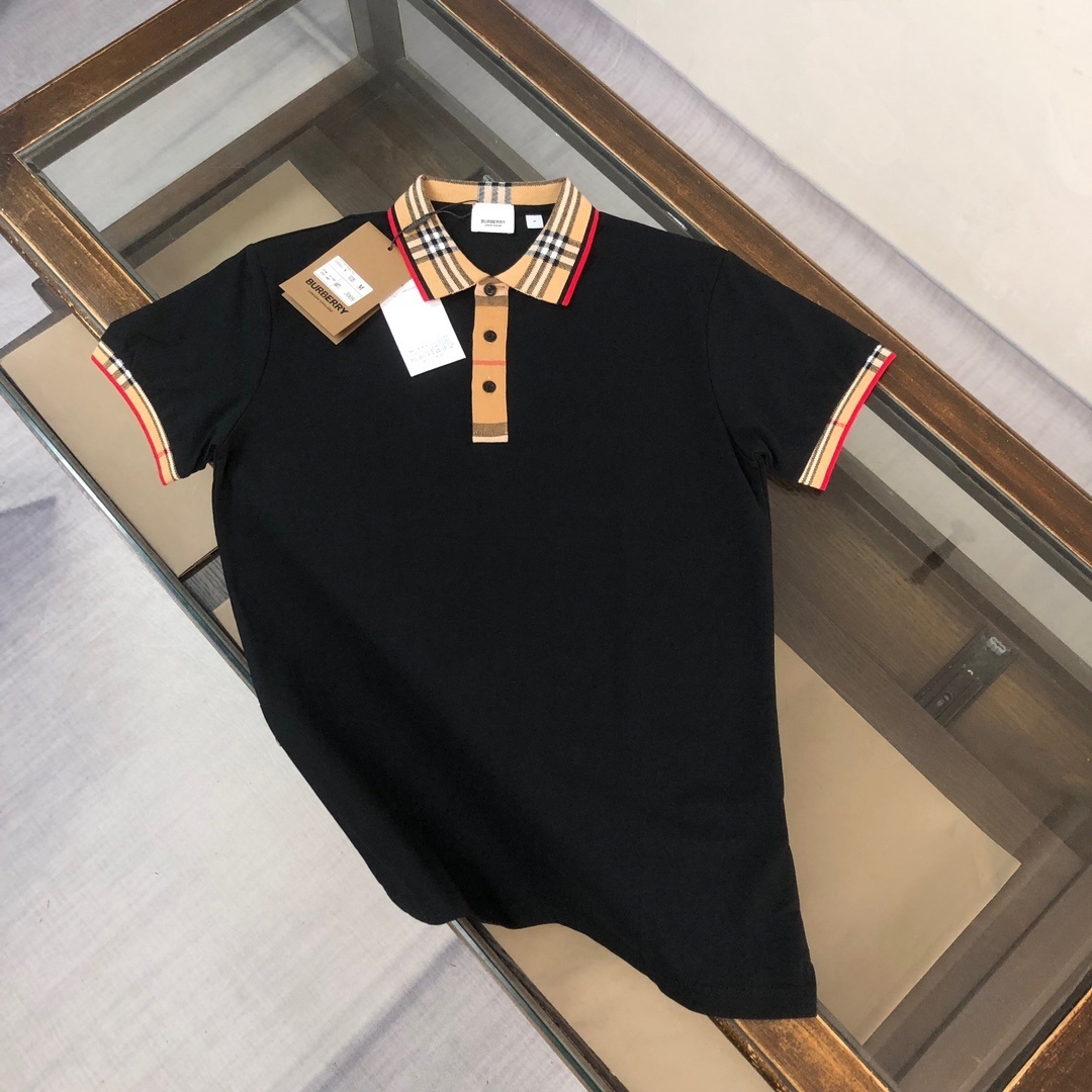 Burberry Check Collar Cotton Polo Shirt in black