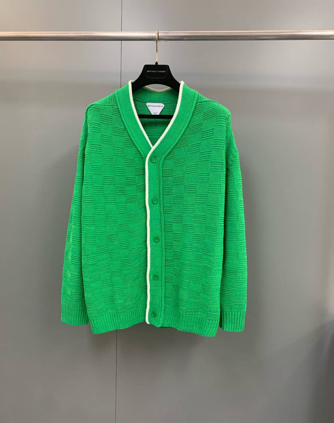 Bottega Veneta Intrecciato-Jacquard knitted cardigan in "Bottega Green" made from a nylon and cotton blend