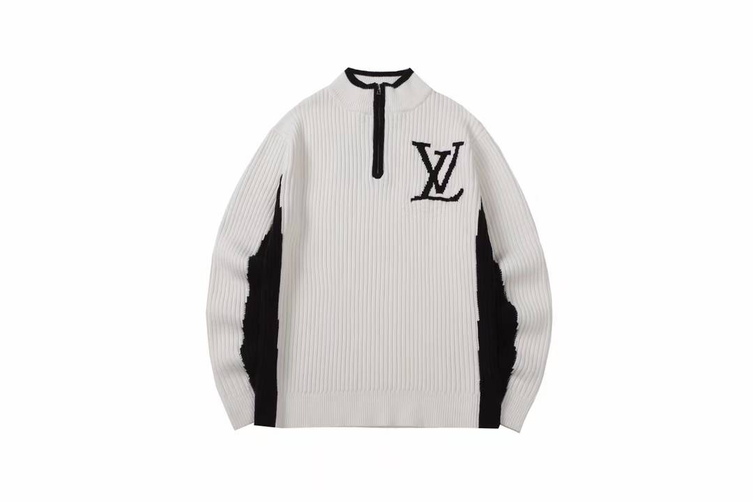 LV white wool blend half-zip pullover with the LV logo in black
