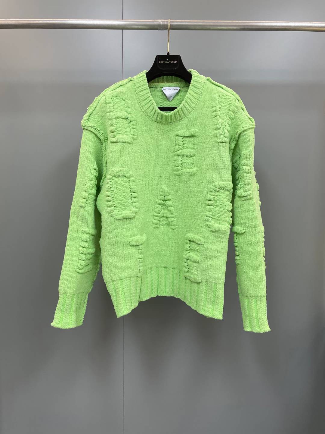 Bottega Veneta "Alphabet" chenille knit sweater in a lime green or parakeet color, made from a blend of nylon and elastane