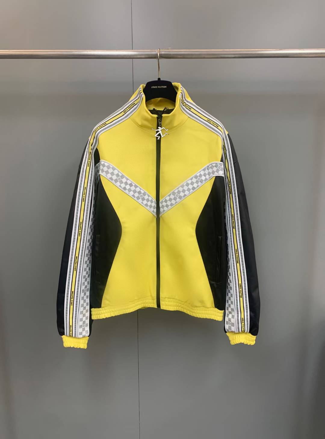 LV 2022 Leather Track Moto Jacket in yellow colorblock lambskin