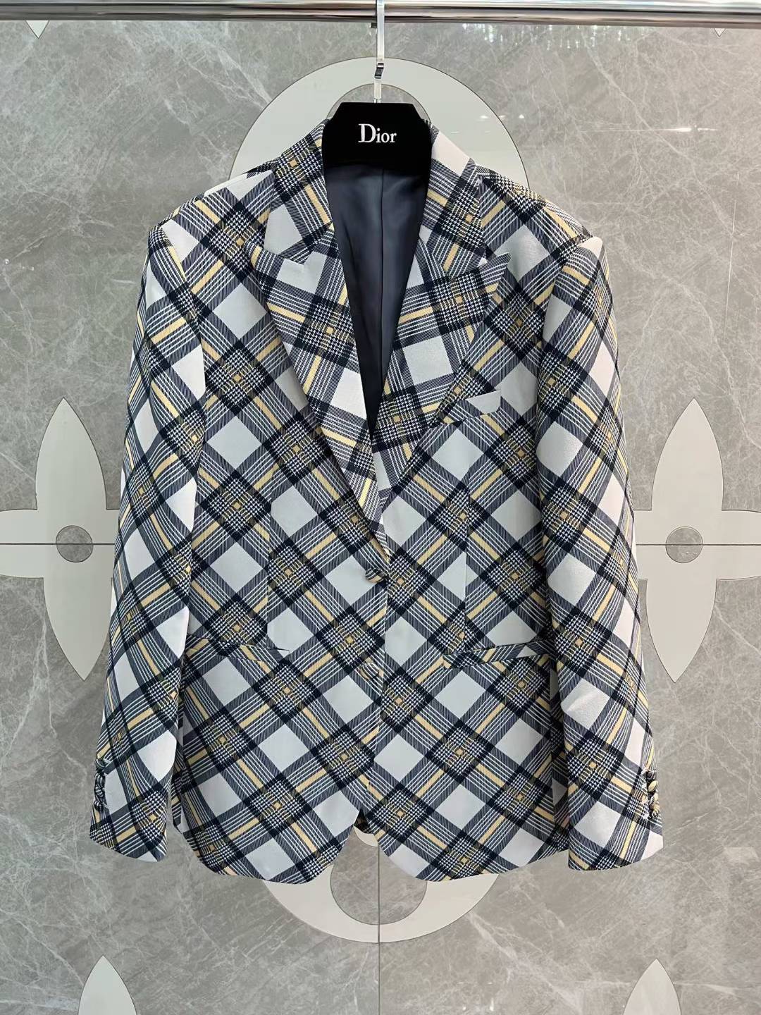 Dior Homme plaid suit jacket in white, beige, and black glen check