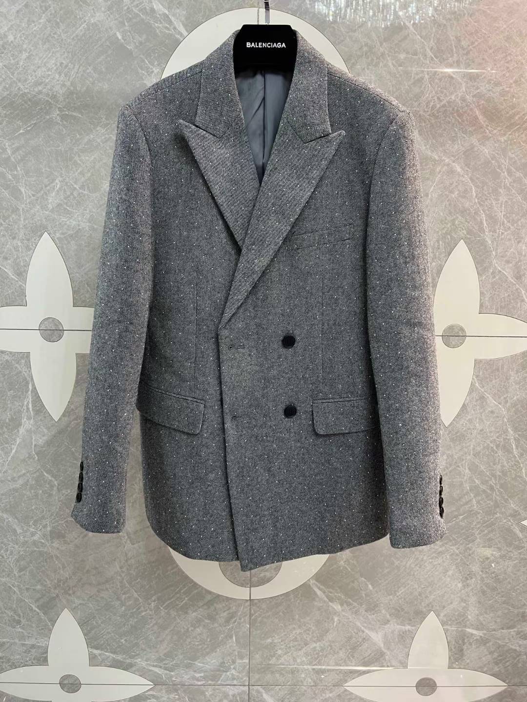 balenciaga gray flecked double-breasted herringbone tweed jacket