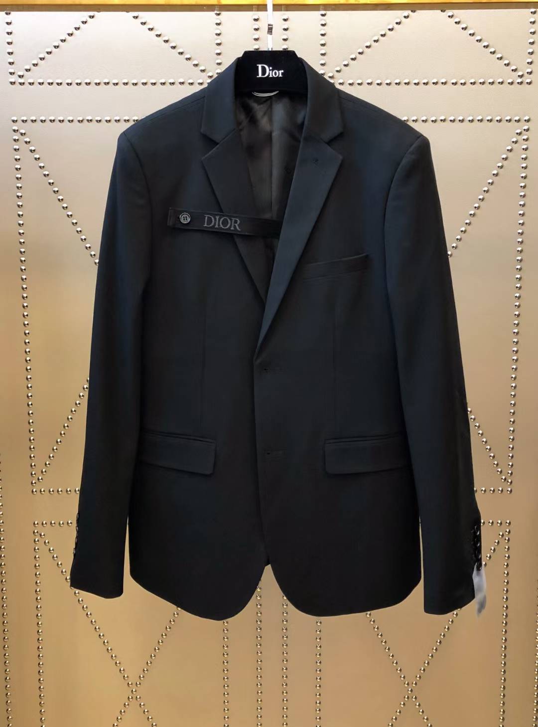 Dior Men's wool blazer jacket black buttoned strap with the Dior signature on the chest.