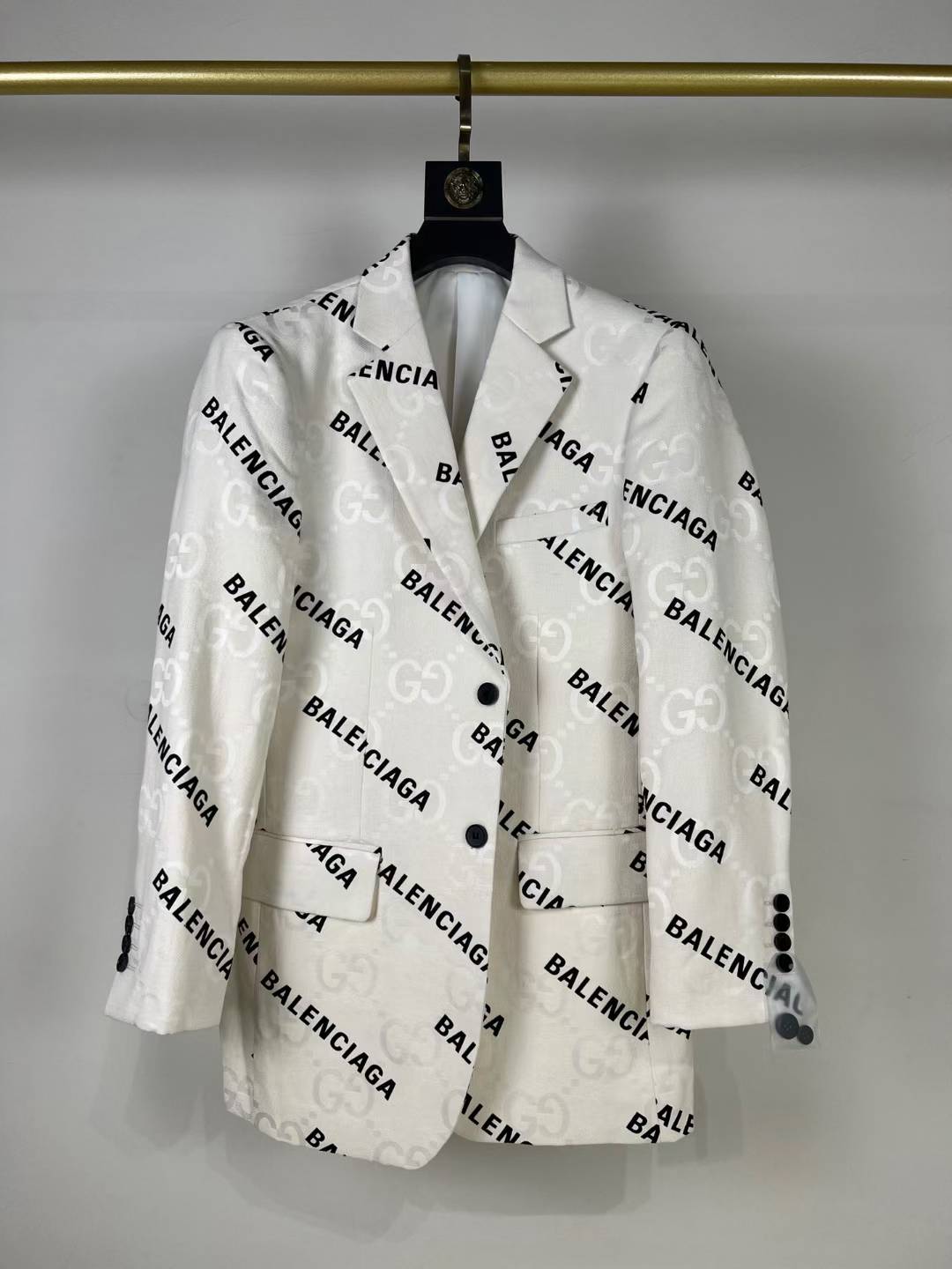 Gucci x Balenciaga blazer with an all-over logo print