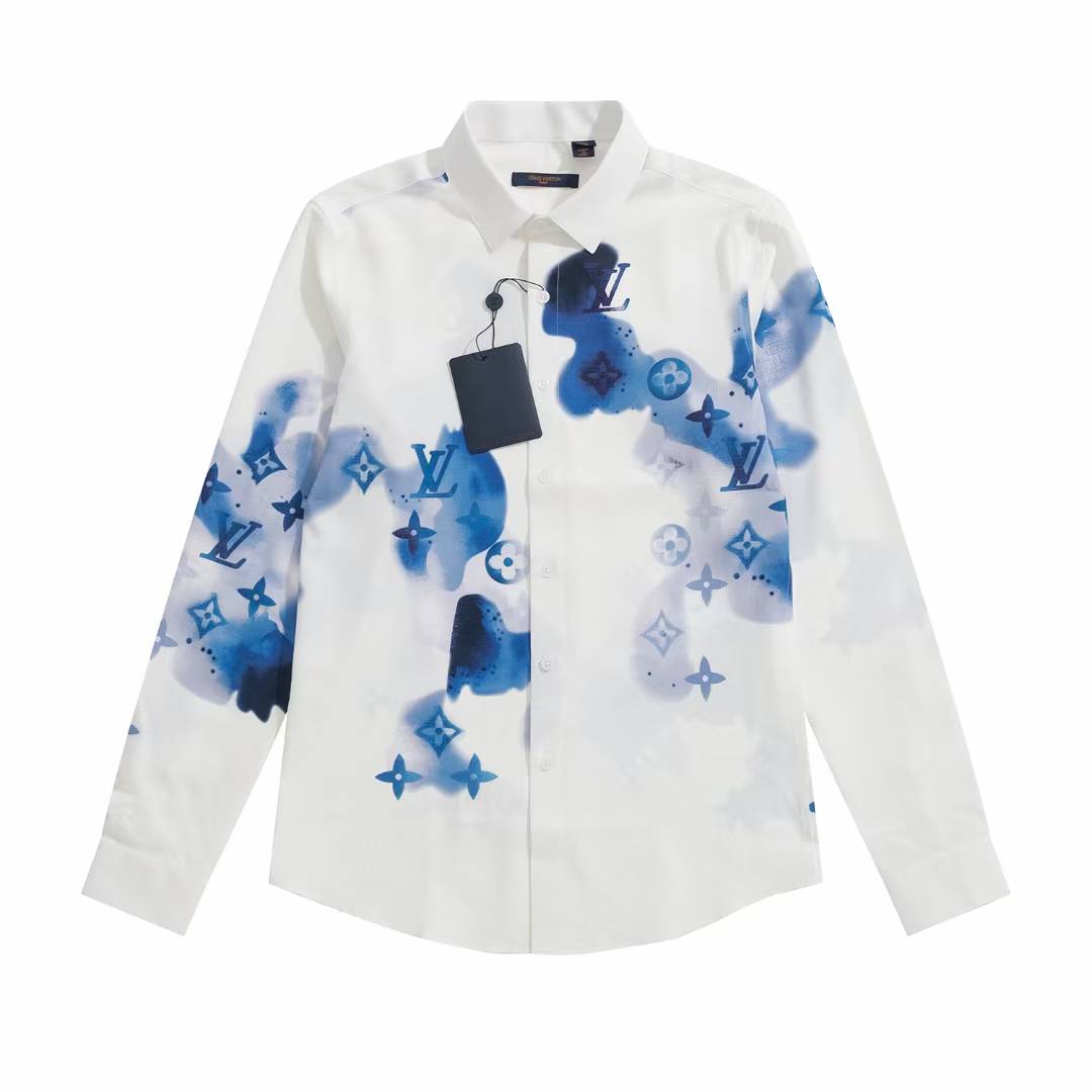 LV long-sleeved shirt with a blue watercolor-style monogram print.