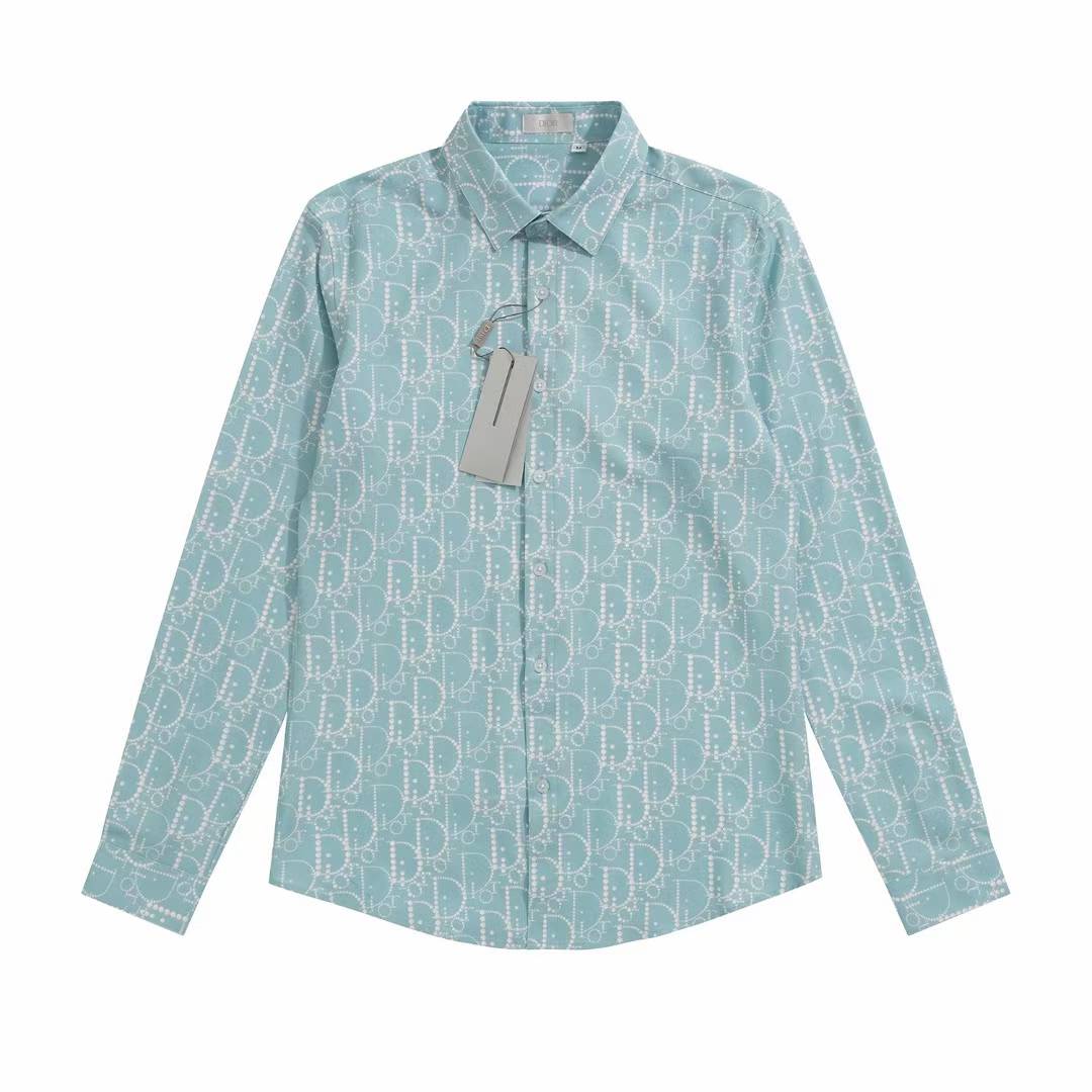 Dior Oblique long-sleeved shirt in sky blue and white silk twill