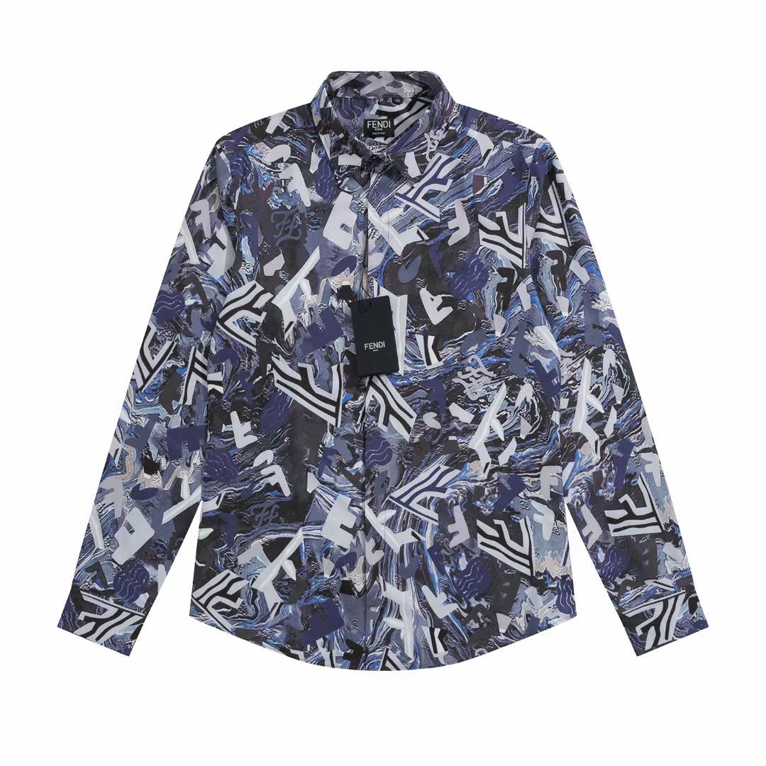 Fendi men's long-sleeve silk shirt with a blue and white abstract "Fragment"