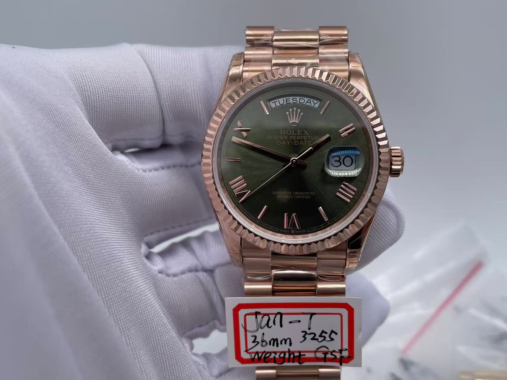 GSF Rolex Day-Date 36 128235-0089 0live Green Dial 36 MM Rose Gold President Bracelet