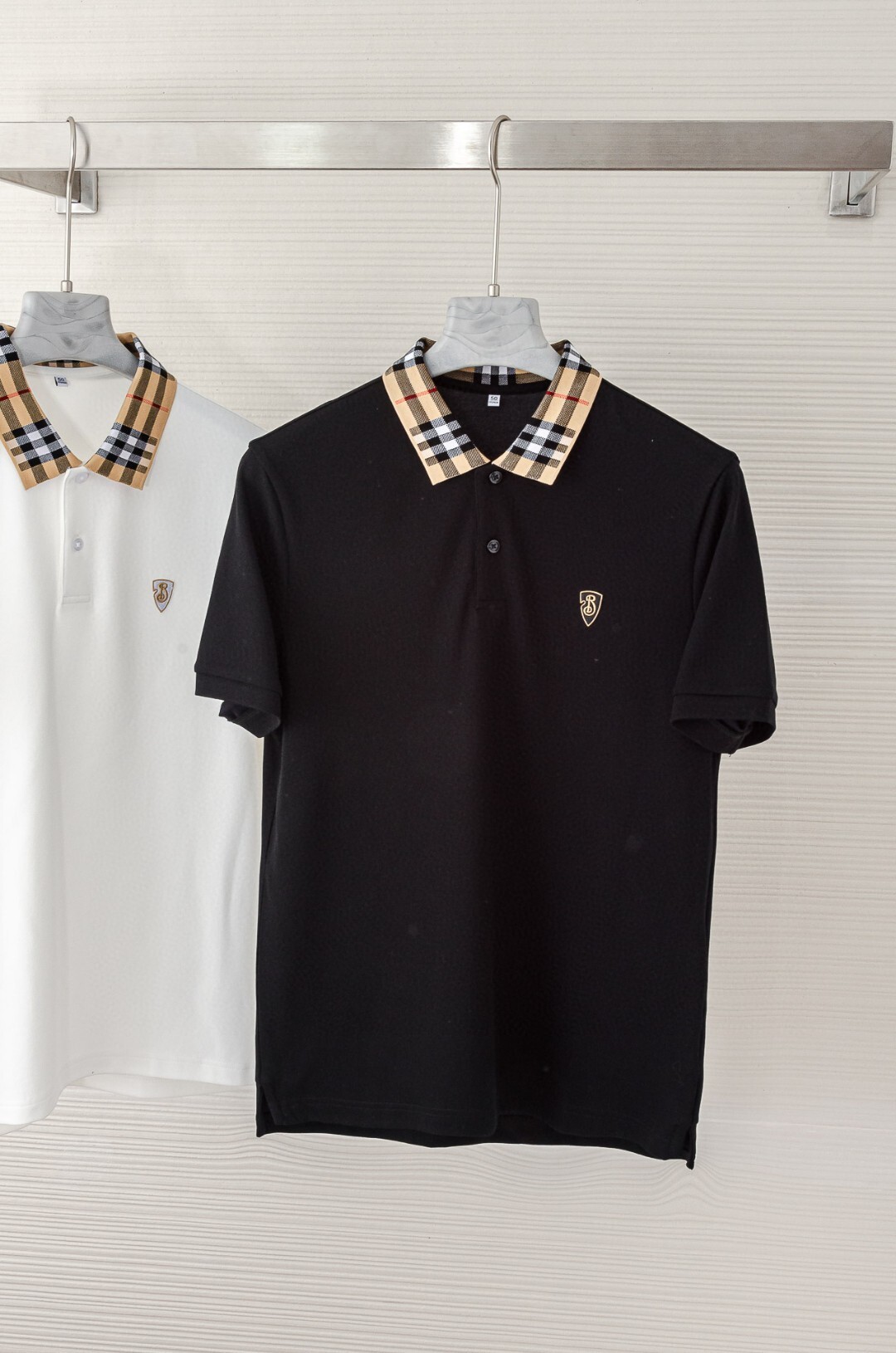 Burberry Check Collar Cotton Polo Shirts in black and white